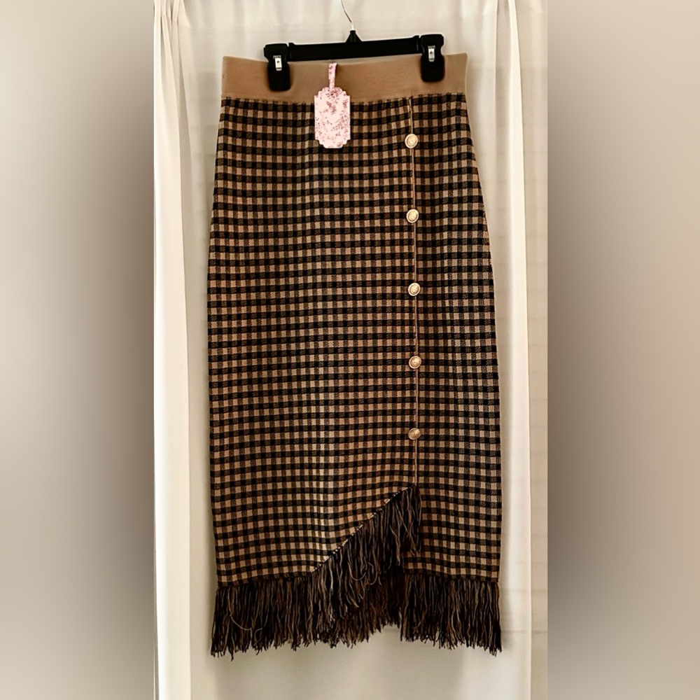 Nanette Lapore Brown Check Skirt with Fringe Trim Small